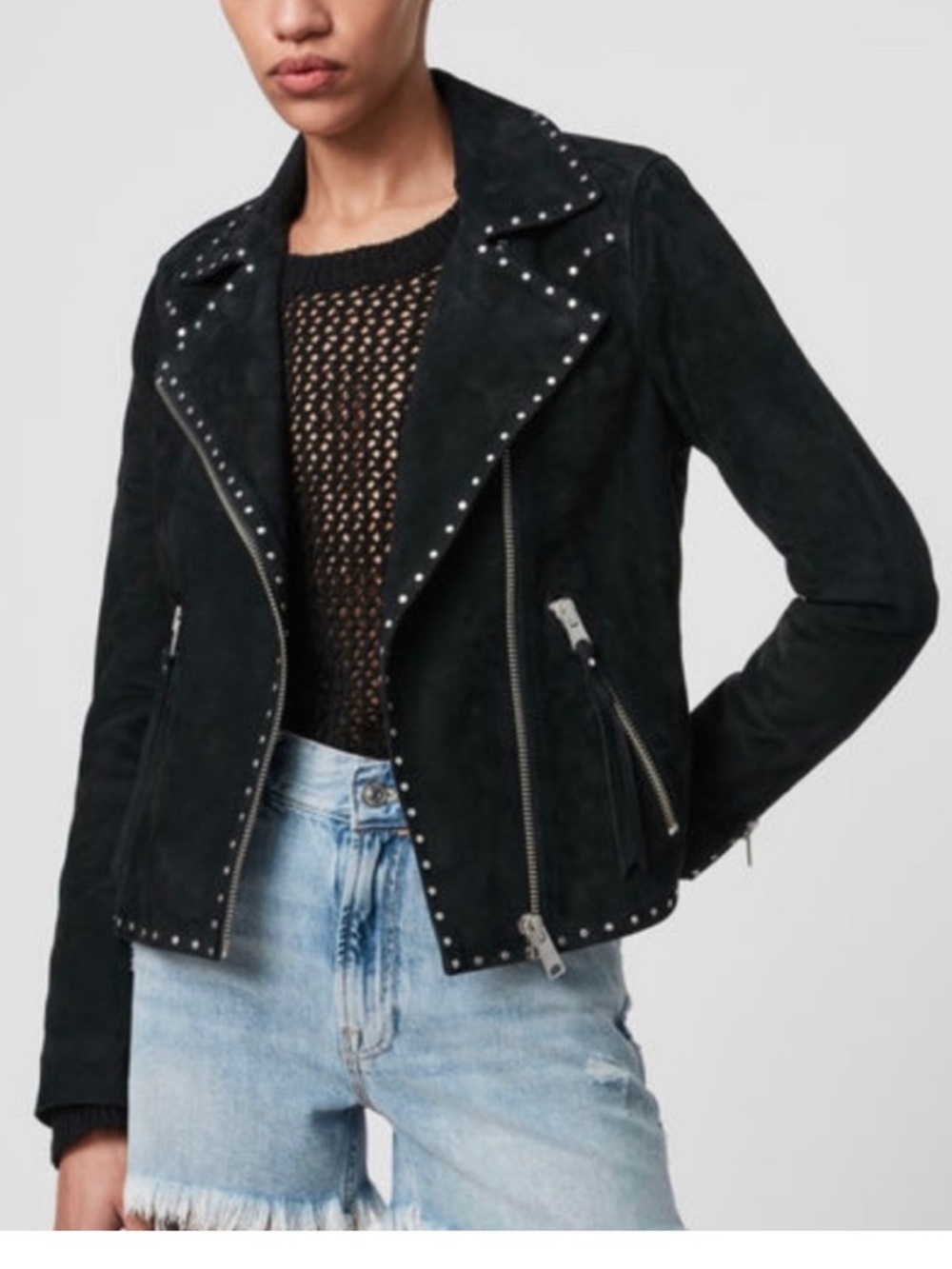 ALLSAINTS Black Darby Western Biker Studded Suede Moto Jacket Size 4